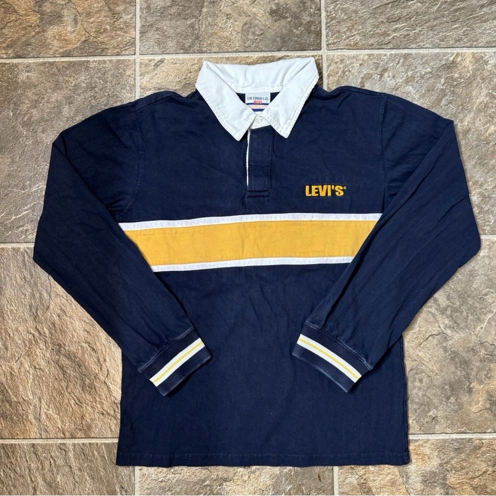 Levis Rugby Polo Shirt Navy Blue Classic Relaxed Fit Stretch Preppy Youth Large